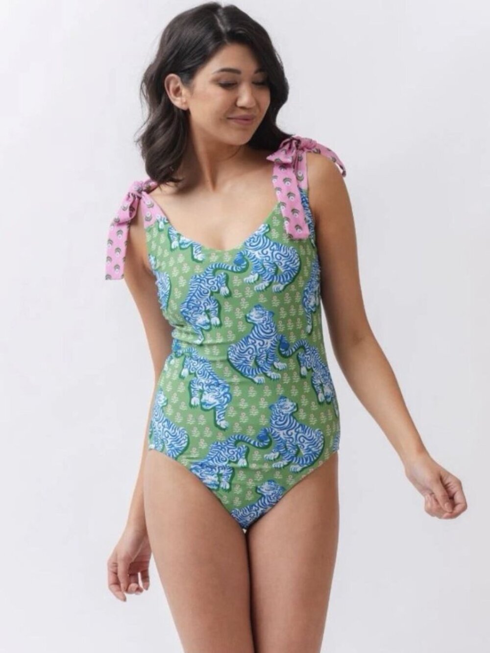 Lime Ricki X PrintFresh Women’s Tiger Queen Shoulder Tie One Piece Swimsuit Sz S